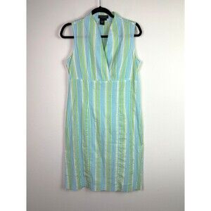 J Peterman Seersucker Dress Size 10 Blue Green Stripe Sheath Preppy Coastal